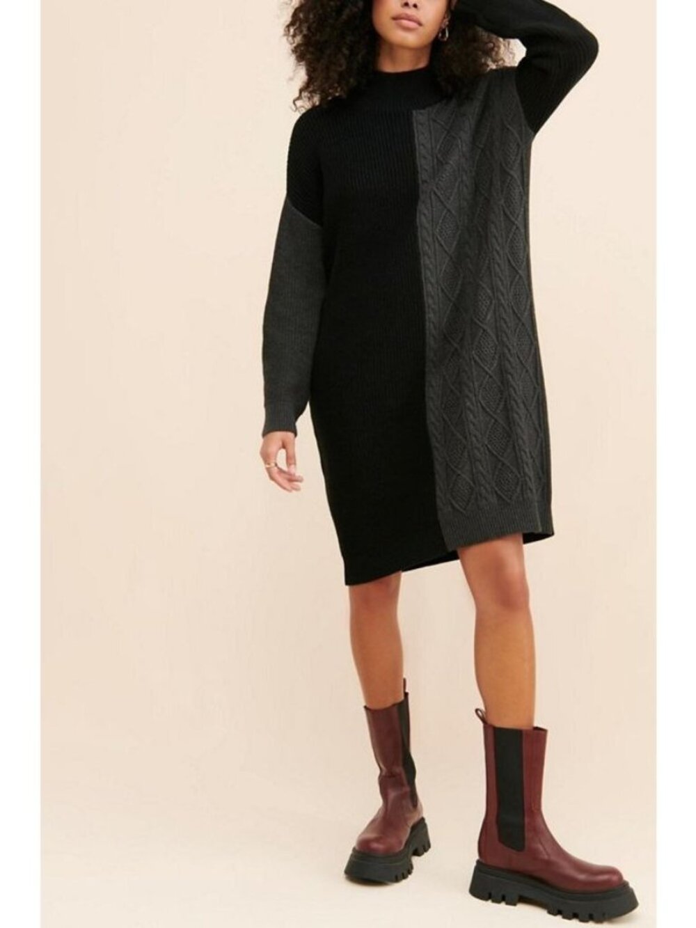 Callahan Cable Knit Sweater Dress S Slouchy Oversized Funnel Neck Neutral Goth